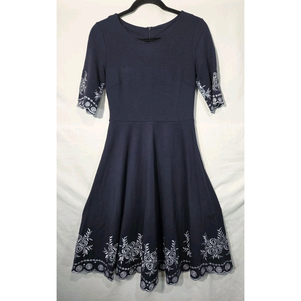 Miusol Fit & Flare Dress Small Navy Floral Embroidered Scalloped Midi 1/2 Sleeve